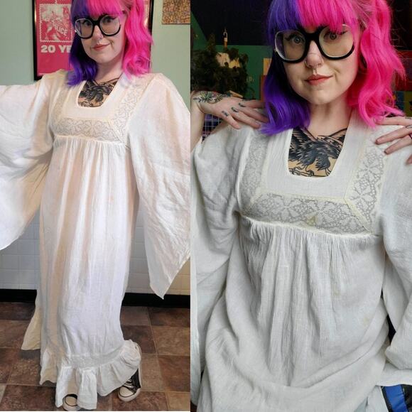 Vintage Dresses & Skirts - Vintage 60s 70s Ivory Bell Sleeve Mai Dress Gown Lace Angelic Bohemian Chic